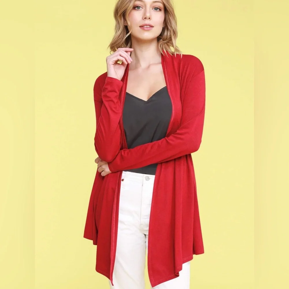 Draped Front Open Cardigan Casual Long Sleeve Lightweight Cardigan -red
